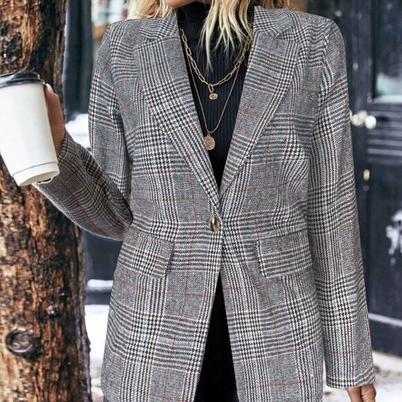 Chocolate Brown Casual Women's Plaid Print Elegant Long Sleeve Blazer - Picture 4 of 4